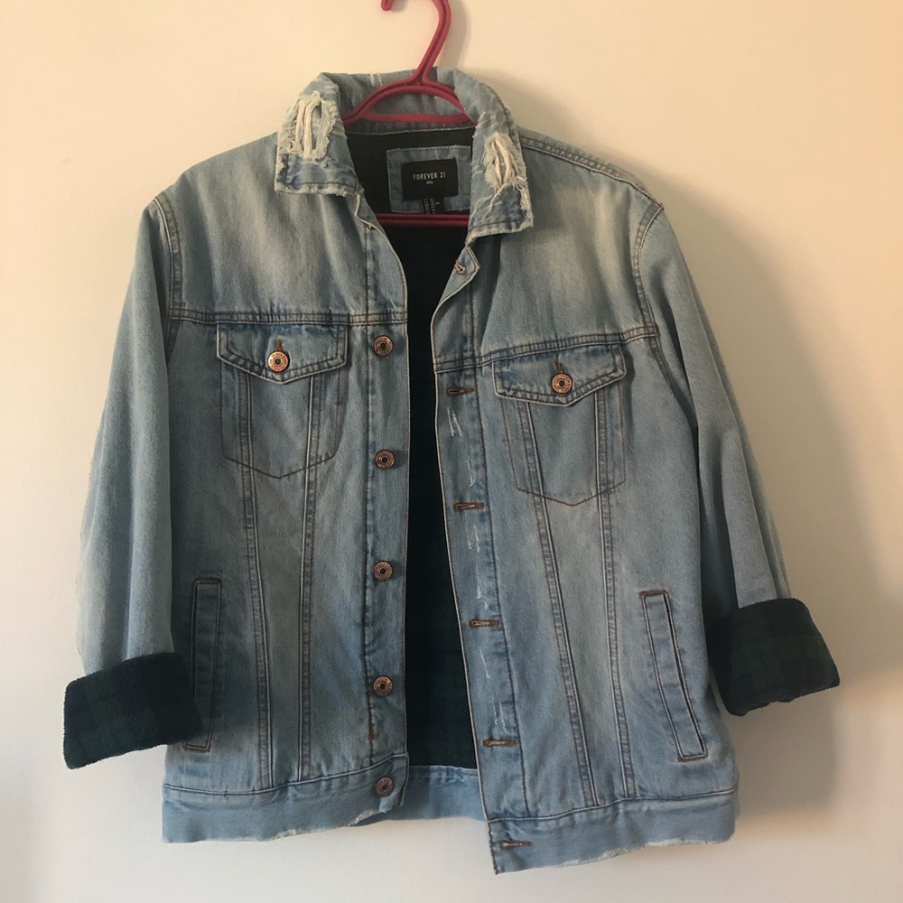 Forever21 mens jean jacket with green plaid inner lining
